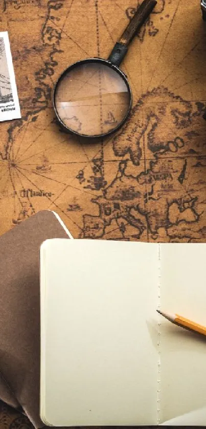 Vintage travel-themed wallpaper with camera, map, journal, and photos.