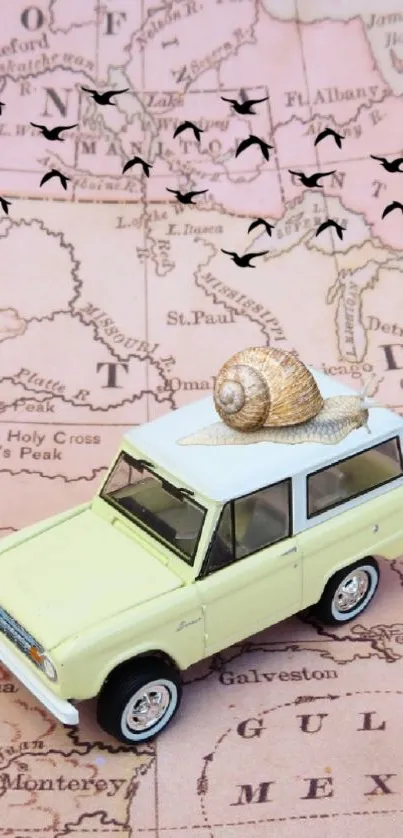 Whimsical vintage map wallpaper with toy car and snail shell.