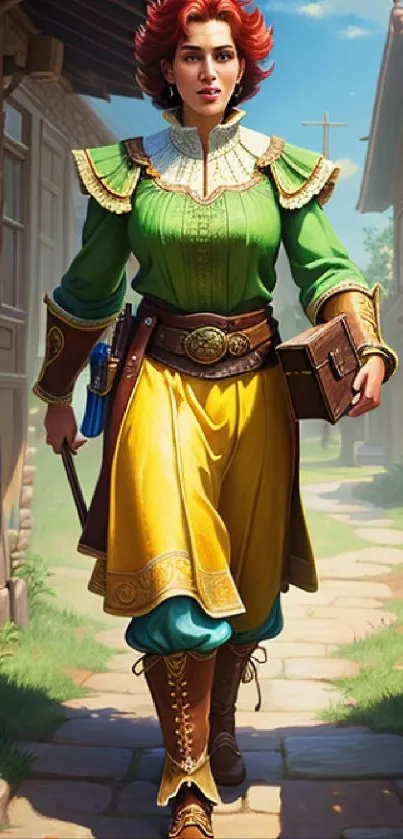 Vintage adventurer in sunny village street with vibrant attire.