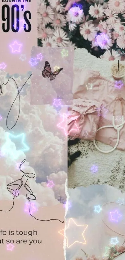 Vintage pink collage wallpaper with floral and cloud elements.