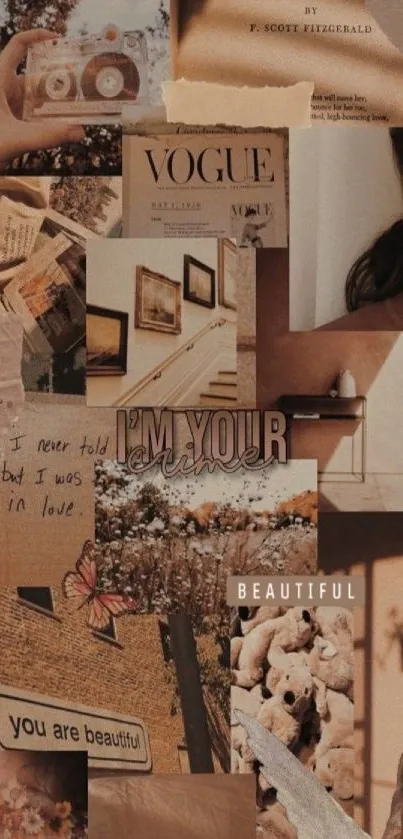 Vintage aesthetic collage with quotes and warm brown tones.