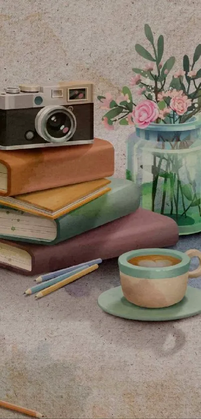 Vintage aesthetic wallpaper with camera, books, and coffee.