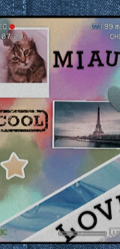 Vintage collage wallpaper with a cat and Eiffel Tower design.