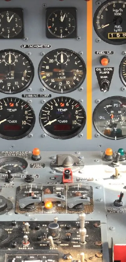 Vintage aircraft cockpit with detailed gauges and controls in a gray color scheme.