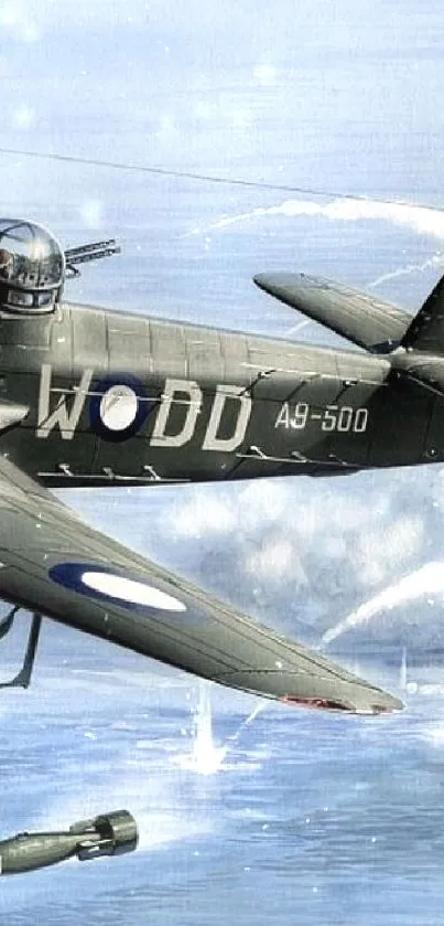 Vintage aircraft flies over ocean with WWII markings, bomb, and clouds.