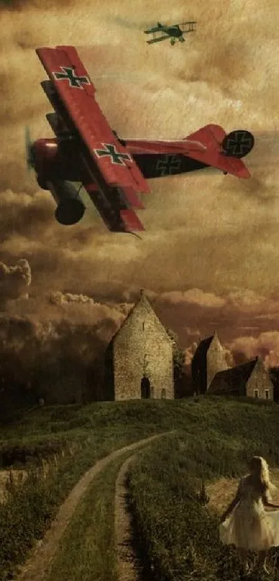 Vintage scene with red biplane over countryside.