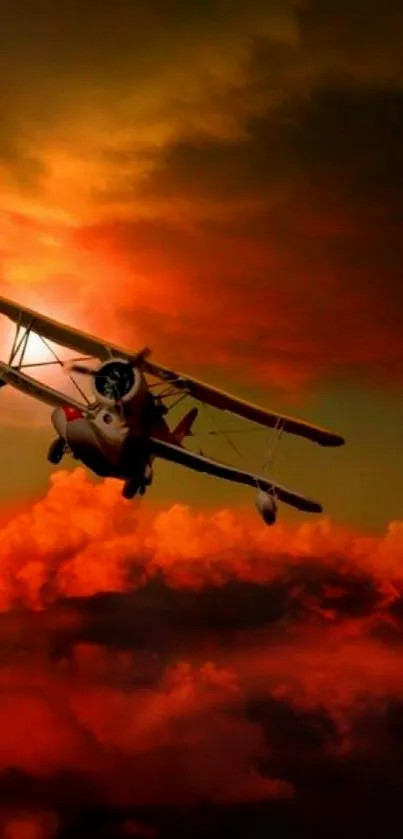 Vintage airplane flying through vibrant sunset sky with orange clouds.