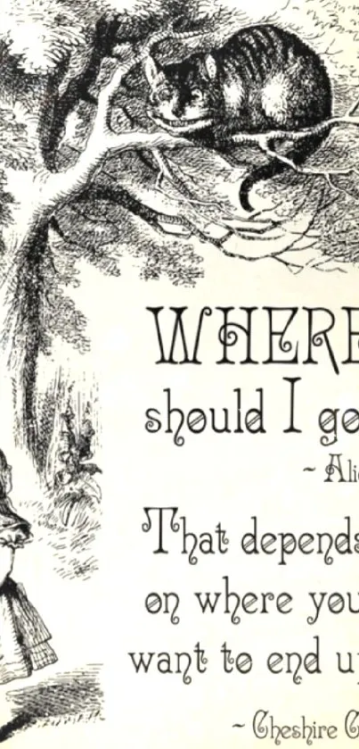 Vintage Alice in Wonderland illustration wallpaper with quote.