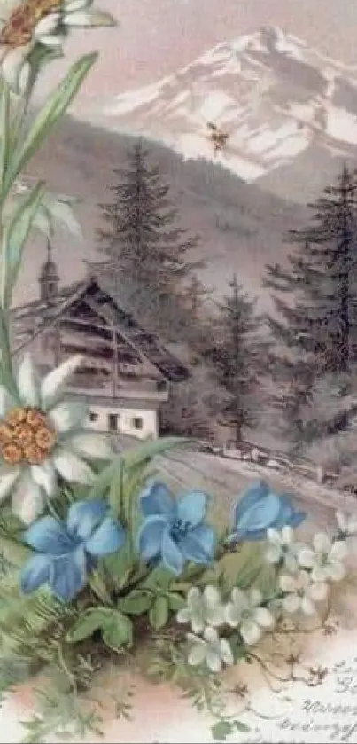 Vintage wallpaper with Alpine flowers, cabin, and mountain scenery.