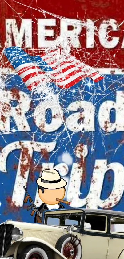 Vintage car on an American road trip with patriotic theme.
