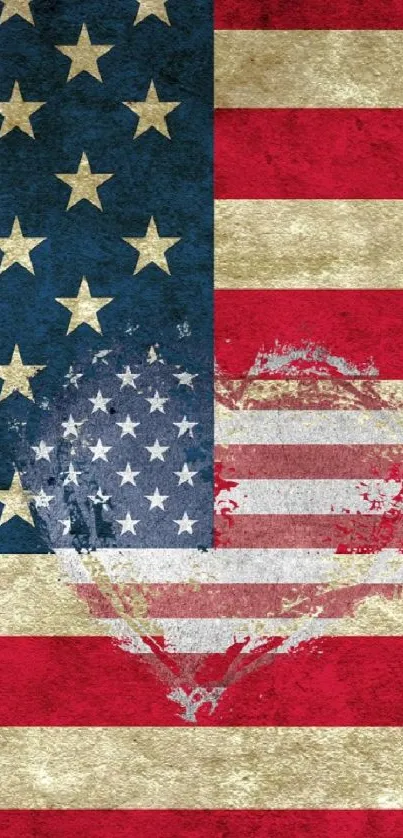 Vintage American flag with heart overlay design on wallpaper.