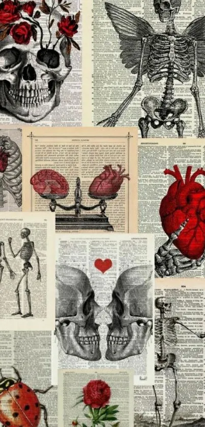 Vintage anatomy art wallpaper with skeletons, hearts, and roses.