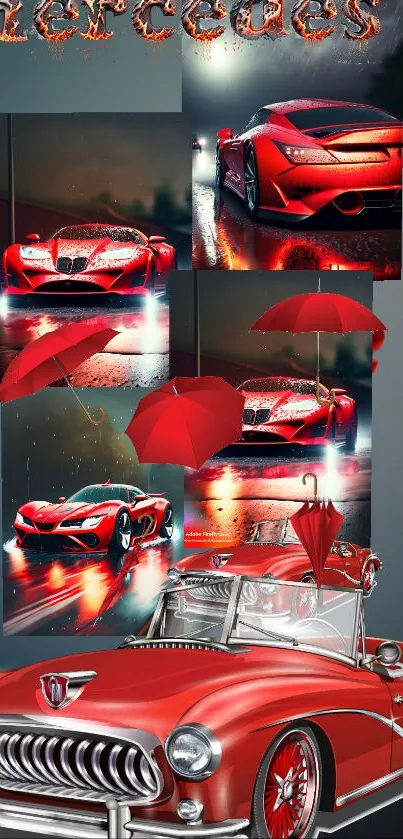 Mobile wallpaper featuring vintage and sports cars with red accents and umbrellas.