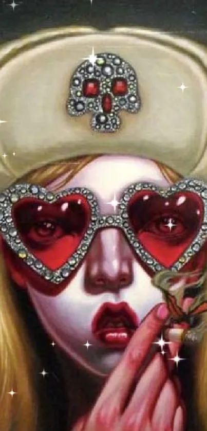 Vintage art of an angel with heart-shaped glasses and gold hues.