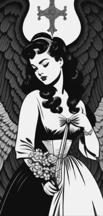 Black and white vintage angel illustration with wings, flowers, and a cross.