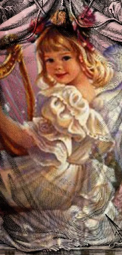 Vintage artwork of an angelic child with intricate details and elegant tones.