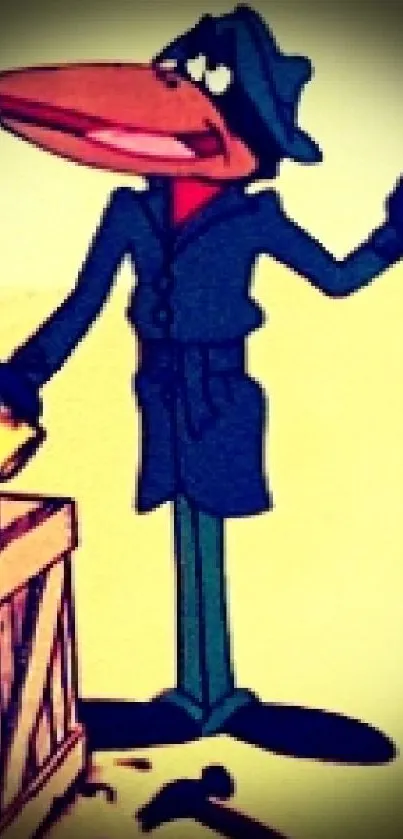 Vintage cartoon character in dark blue coat and hat, standing next to a crate.