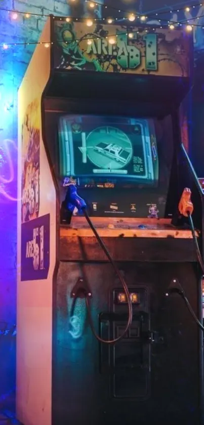 Neon-lit vintage arcade with classic game machines, perfect for retro wallpaper.