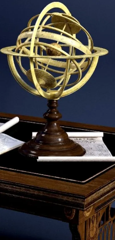 Vintage armillary sphere on wooden table with deep blue background.