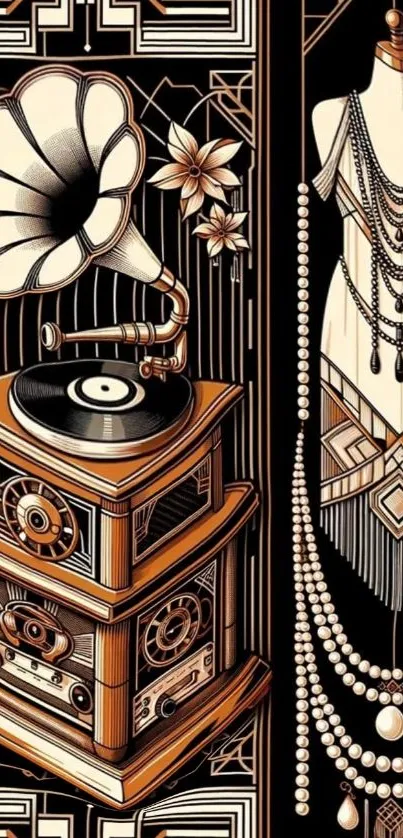 Vintage Art Deco wallpaper with gramophone and jewelry.