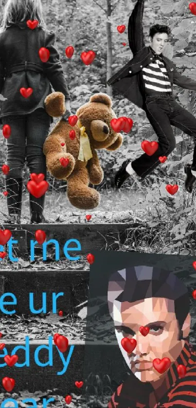 Vintage-inspired mobile wallpaper with teddy bear and artistic elements.