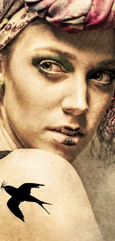Vintage style portrait of a woman with bold makeup and bird tattoo on shoulder.