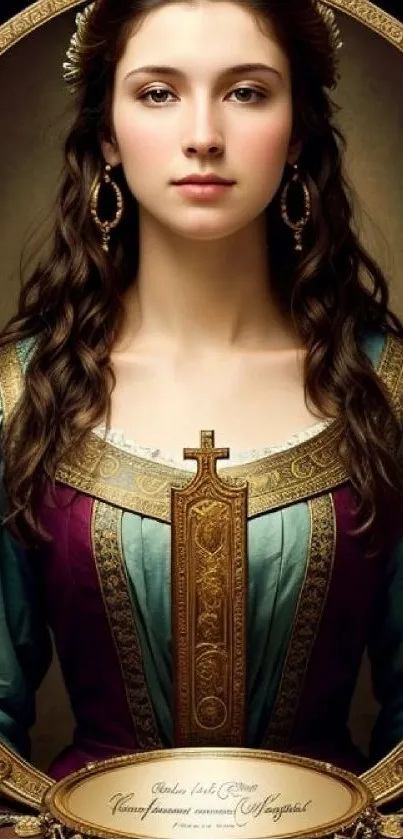 Medieval-inspired woman in elegant attire, framed by ornate decorations.
