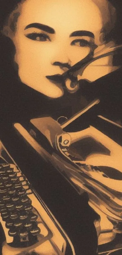 Vintage typewriter and face artistic wallpaper in sepia tones.