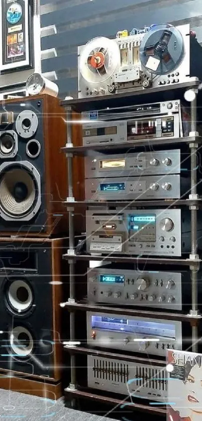 Vintage audio equipment with classic speakers and music setup.