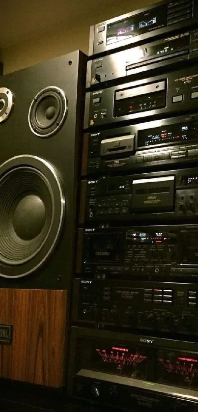 Vintage stereo equipment with large speakers in a dimly lit room.