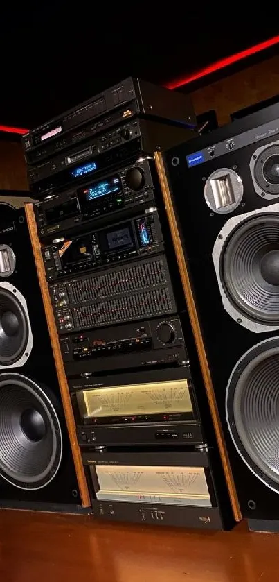 Vintage audio speaker setup with hi-fi equipment and wooden aesthetics.