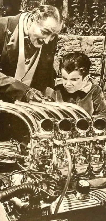 Sepia vintage car enthusiasts examining engine intricacies.