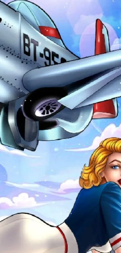 Vintage aviation art with a plane and a pin-up girl in colorful comic style.