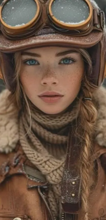 Young woman in vintage aviator gear with goggles and a warm coat.