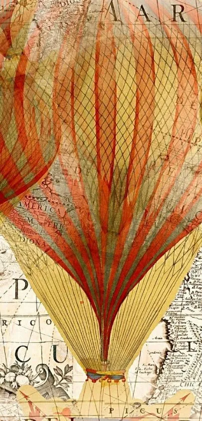 Vintage hot air balloon on a historical map wallpaper.