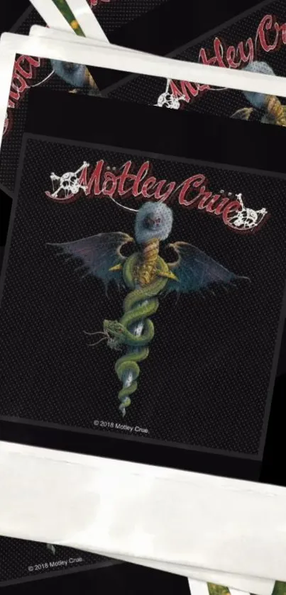 Vintage band logo on black background with artistic serpent emblem.