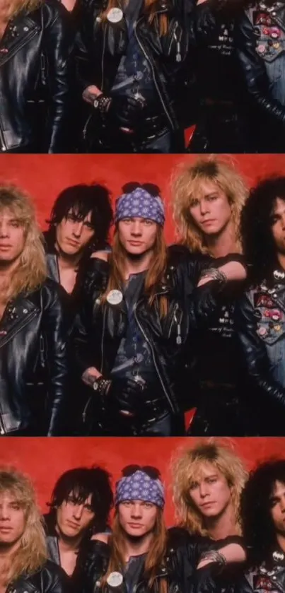 Vintage rock band portrait with leather jackets and red backdrop.