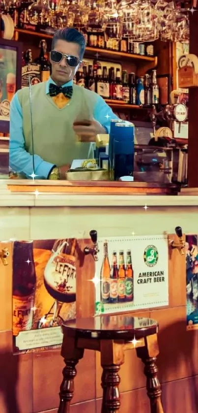 Vintage-themed bar scene with bartender in blue shirt.