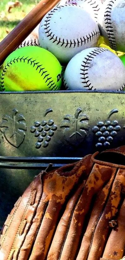 Vintage glove and bucket with baseballs and softballs on green grass.