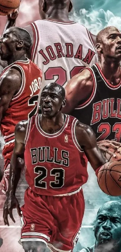 Collage of an iconic basketball player in action.
