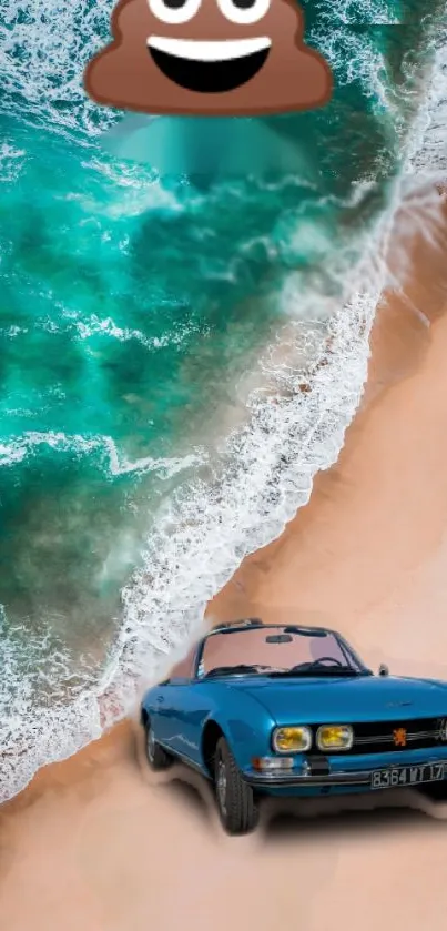 Vintage blue convertible on a beach with turquoise ocean in mobile wallpaper.