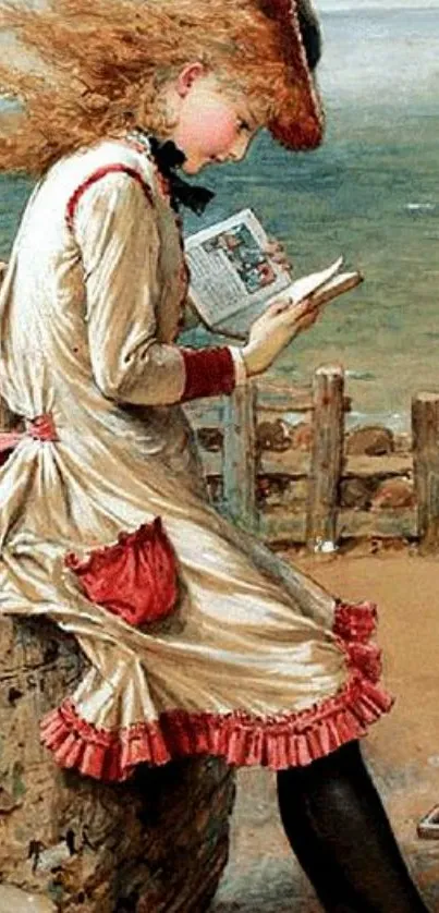 Woman reading by the beach in a vintage painting.