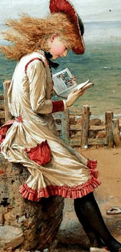 Vintage scene of a girl reading at the beach with a teal border.