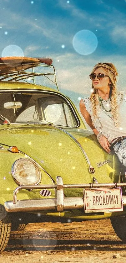 Vintage car by the beach with a suitcase and a traveler.