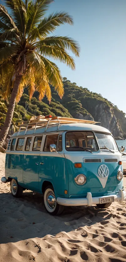 Vintage VW van parked on sandy beach with palm trees.