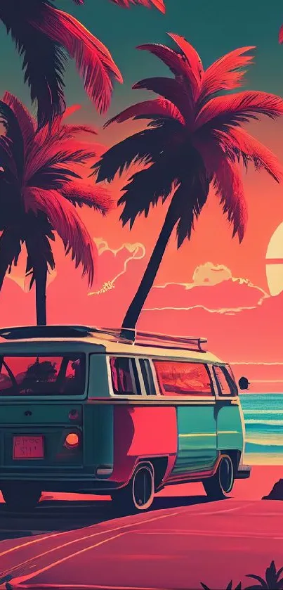 Vintage van on tropical beach at sunset with palm trees and ocean waves.