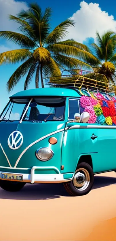 Vintage teal van on tropical beach with palm trees and vibrant flowers.