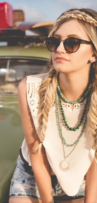 Vintage car and beach scene with bohemian vibe.