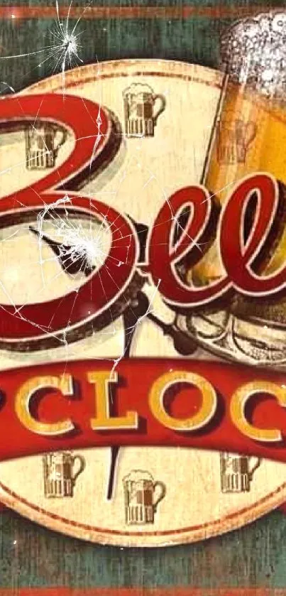 Vintage beer-themed wallpaper with rustic clock design.