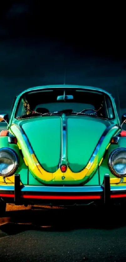 Vibrant vintage Beetle car in teal and yellow against a dark background.